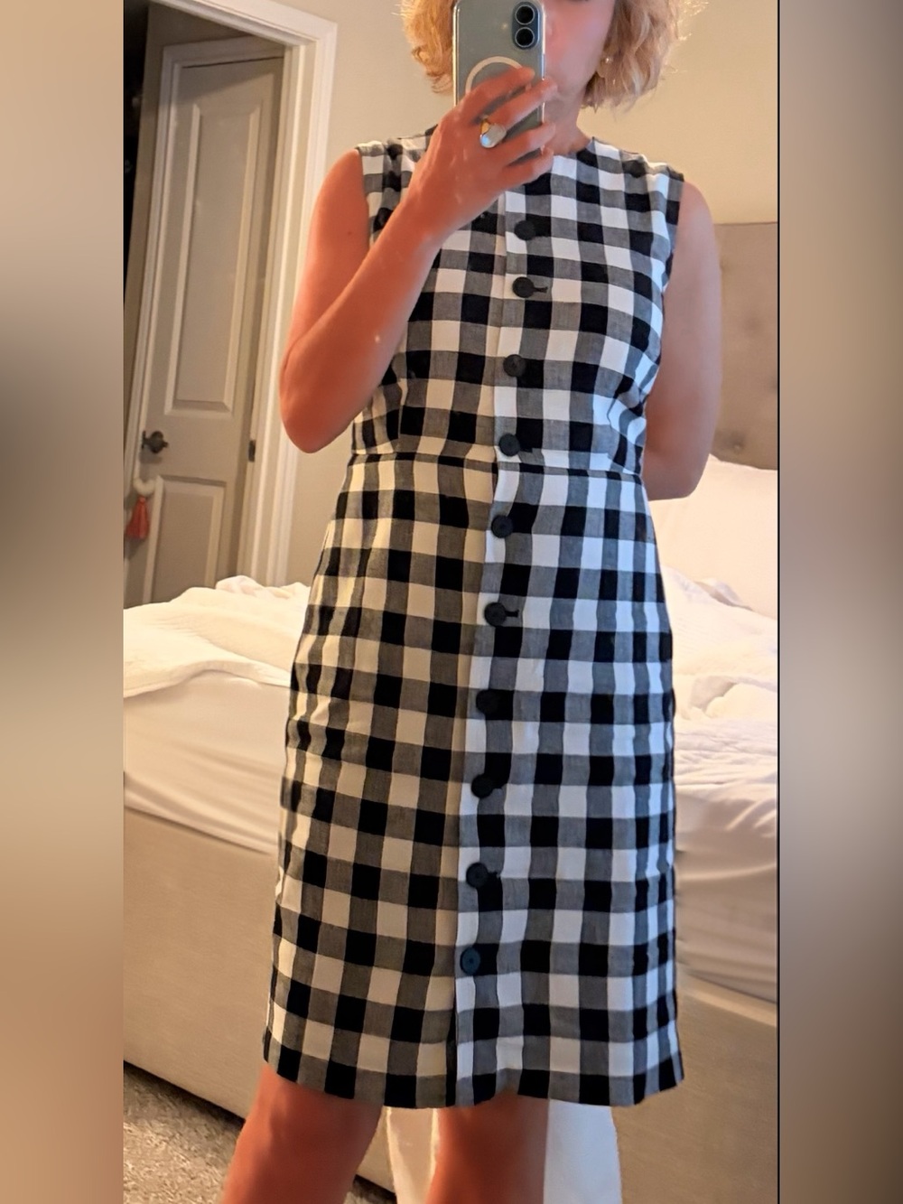 Ann Taylor Black & White Gingham Linen Sleeveless Button-Front Midi Dress - Picture 3 of 8